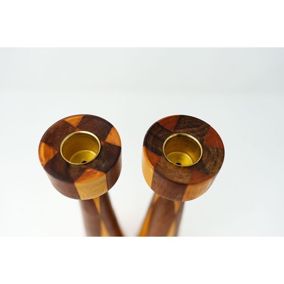 Set of 2 Vintage MCM two-tone wood Candlesticks pair 9.25" Mid-century Danish - Picture 3 of 6
